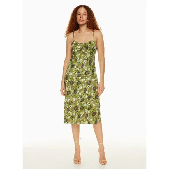 Aritzia WILFRED Bellow Green Floral Crepe Gathered Bust Midi Slip Dress, Size 2 - Picture 11 of 15